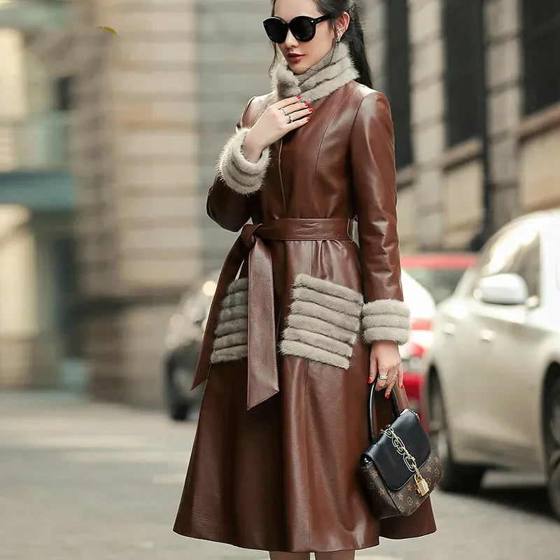 Women's Winter Genuine Sheepskin Leather Mandarin Collar Trench Coat