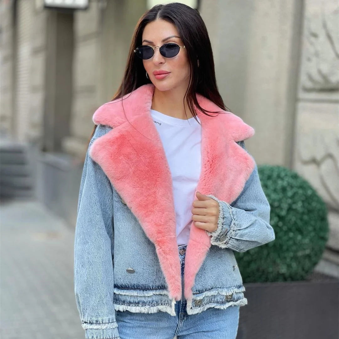 Luxury Turn-down Fur Collar Single Breasted Winter Denim Jacket for Women