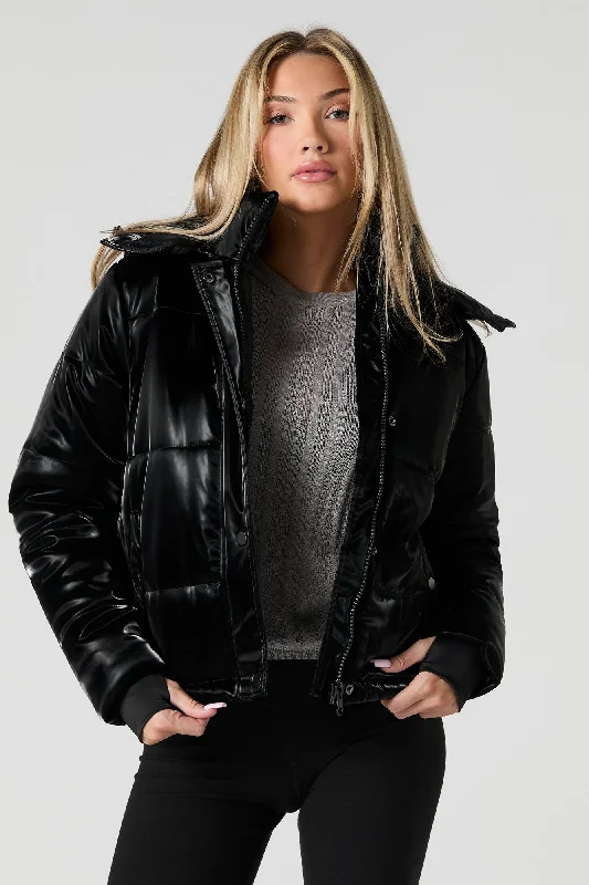 Faux Leather Shiny Puffer Jacket