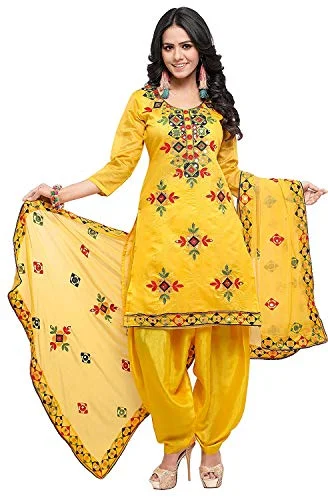 EthnicJunction Women's Chanderi Cotton Embroidered and Mirror Work Unstitched Salwar Suit Material (EJ1180-88018)