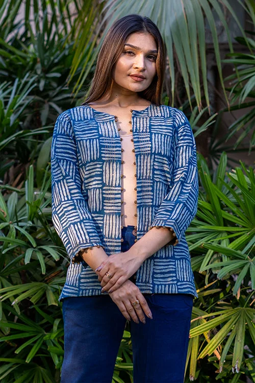 Moralfibre Cane Handblock Print  Indigo Jacket  With Hand Made Potli Details