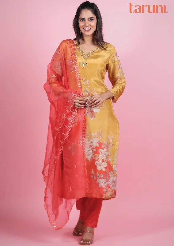 Mustard Pink Tissue Silk Straight Cut Suit