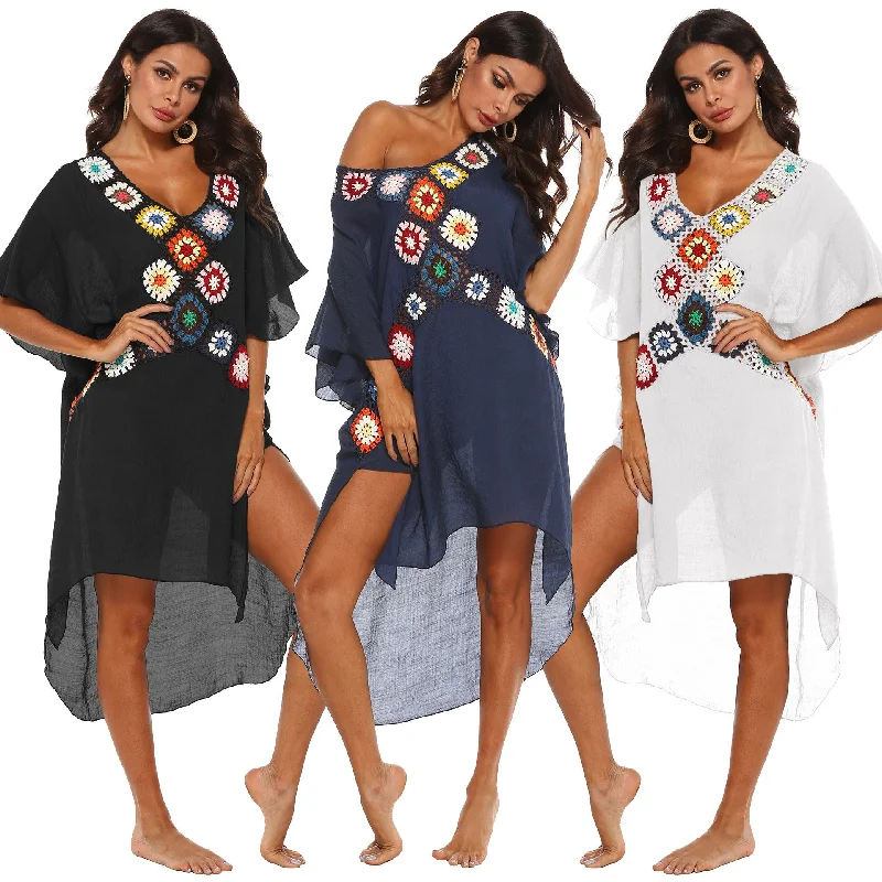 Factory RTS Women Sexy Granny Square Crochet Beach Cover Up Dress Beachwear