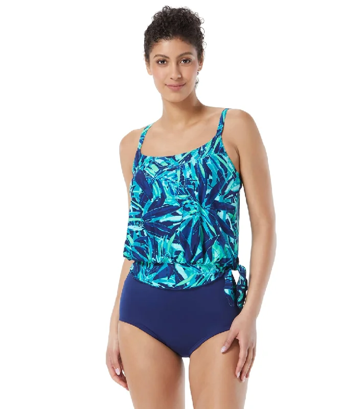 Gabar Women's Chlorine Resistant Ocean Fern Two Piece Blouson Tankini Set Ocean Navy